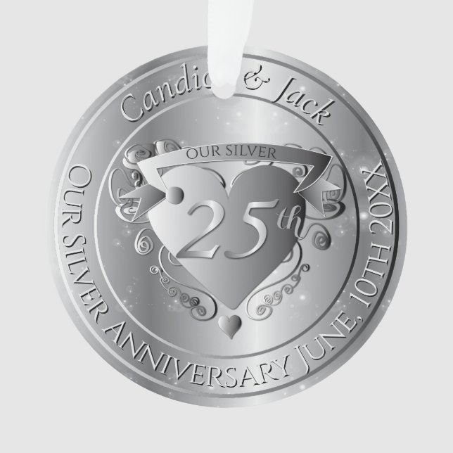25th Wedding Anniversary Silvery Heart Ornament (Vorderseite)