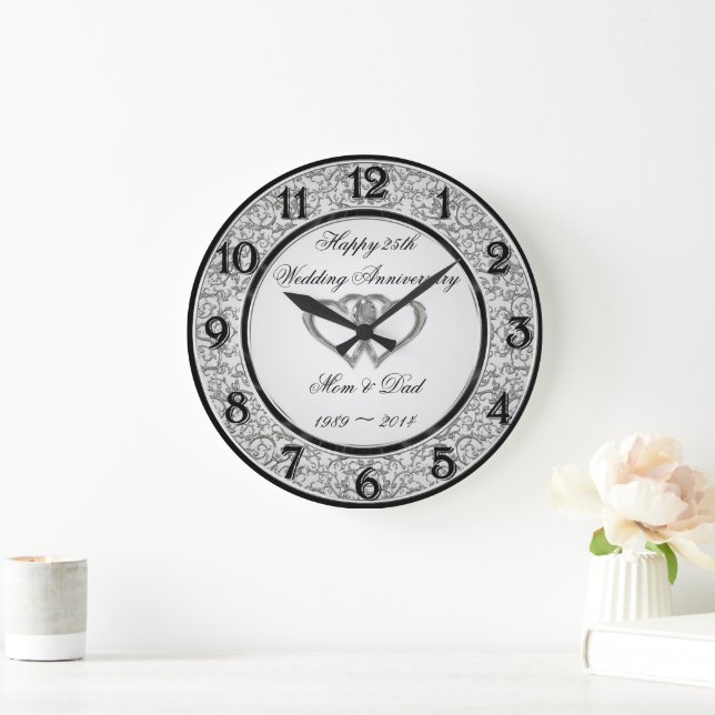 25th Wedding Anniversary Wall Clock Große Wanduhr (Zuhause)