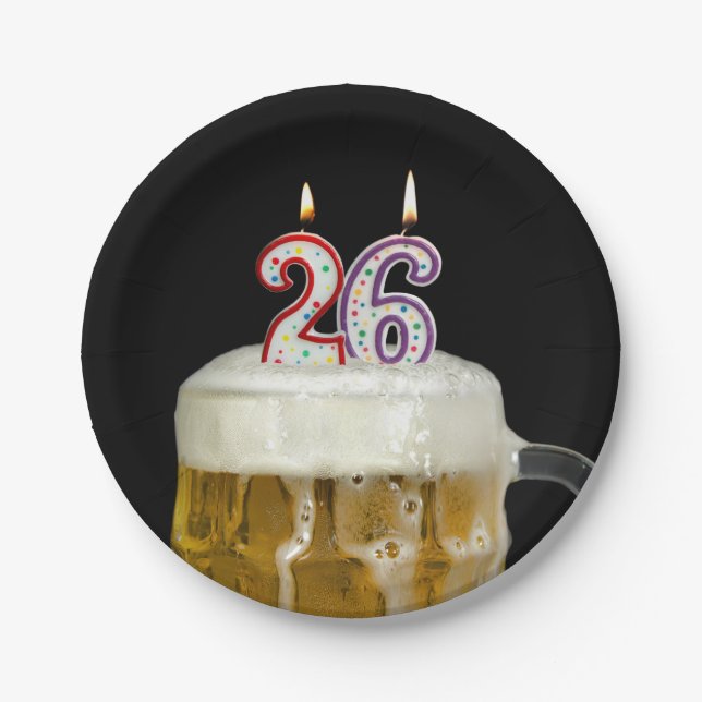 26. Geburtstag Bier mit Kerze Pappteller (Vorderseite)