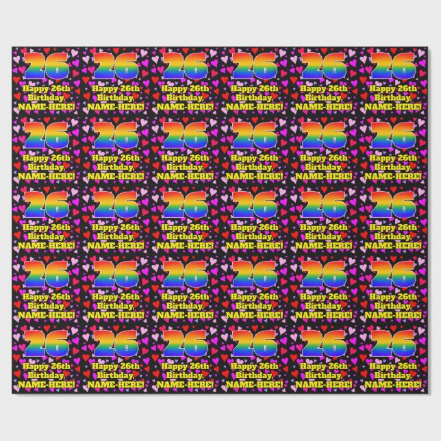 26. Geburtstag: Loving Hearts Pattern, Regenbogen  Geschenkpapier (Flach)