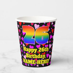 26. Geburtstag: Loving Hearts Pattern, Regenbogen  Pappbecher