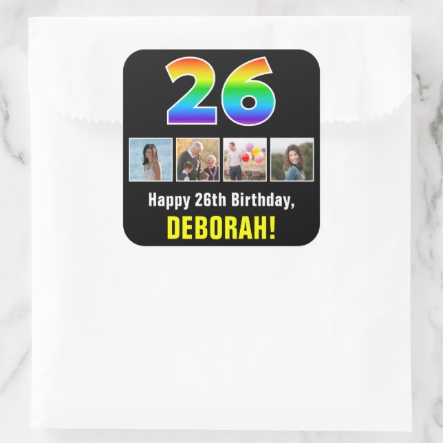 26. Geburtstag: Regenbogen "26"; benutzerdefiniert Quadratischer Aufkleber (Tasche)