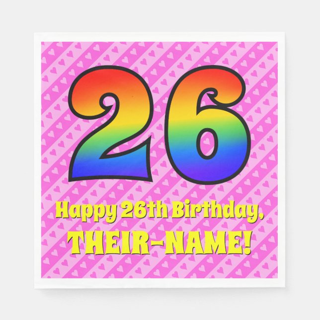 26. Geburtstag: Rosa Streifen & Herz, Regenbogen # Serviette (Vorderseite)