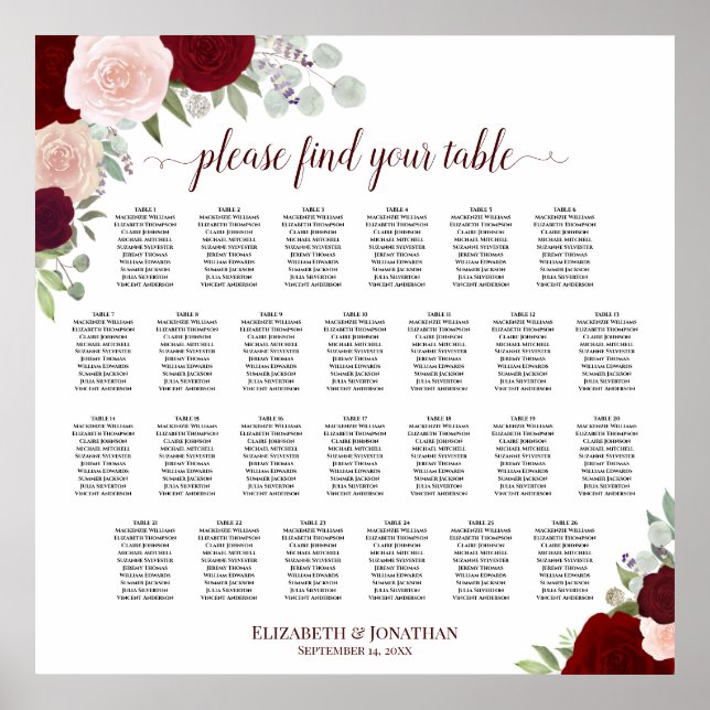 26 Tabelle Rosa und Rosa Hochzeitstabelle Poster (Vorne)