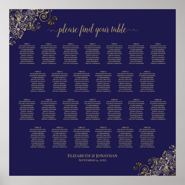 26 Tisch Hochzeitskarte Navy Blue & Gold Poster (Vorne)