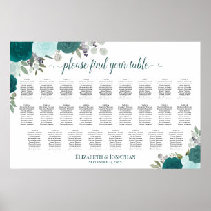 26 Tisch Teal Boho Rosen Hochzeit Sitzordnung Poster