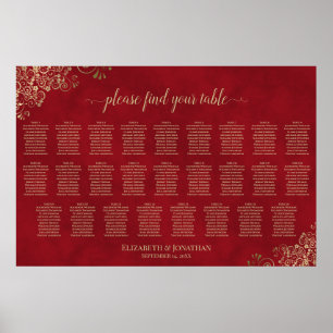 26 Tische Hochzeits-Sitzordnung Karmesinrot & Gold Poster