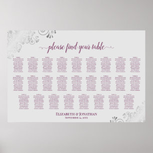 26 Tische Hochzeits-Sitzplan Magenta Pflaume & Gra Poster