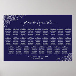 26 Tische Hochzeits-Sitzplan Silber auf Navy Blau Poster