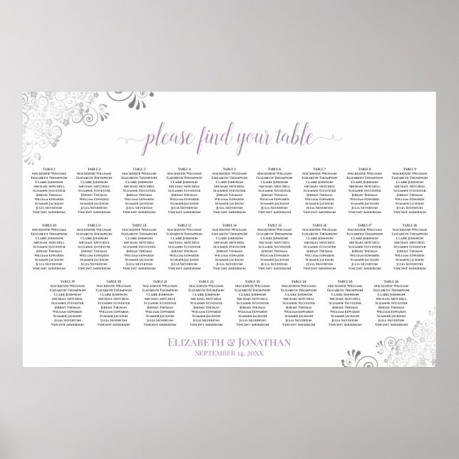 26 Tischsitzplan Lavendel & Silber auf Weiß Poster (Vorne)