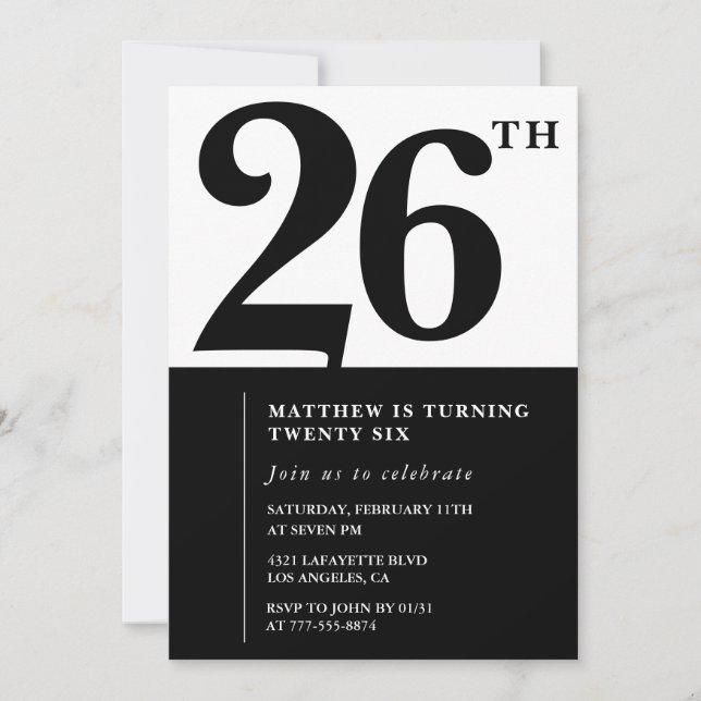26th birthday invitations Black and White Elegant (Devant)