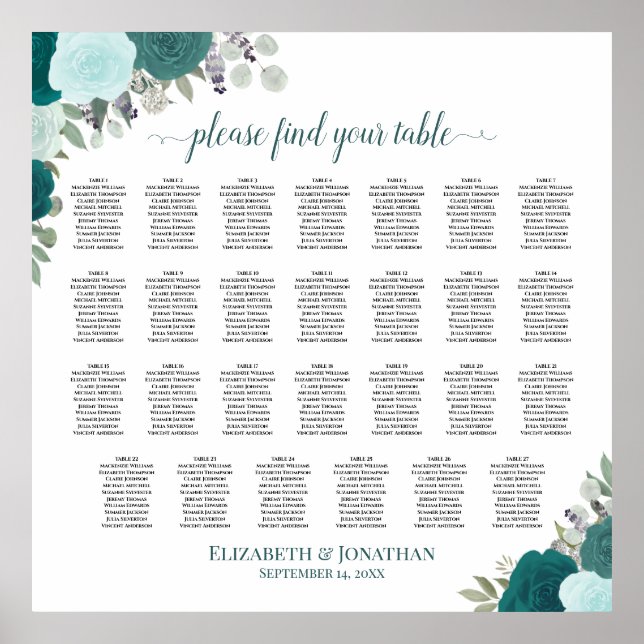 27 Aquamarine Rose Elegante Hochzeitssitzkarte Poster (Vorne)