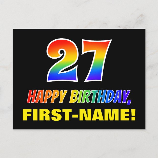 27. Geburtstag: Bold, Fun, Simple, Rainbow 27 Postkarte (Vorderseite)