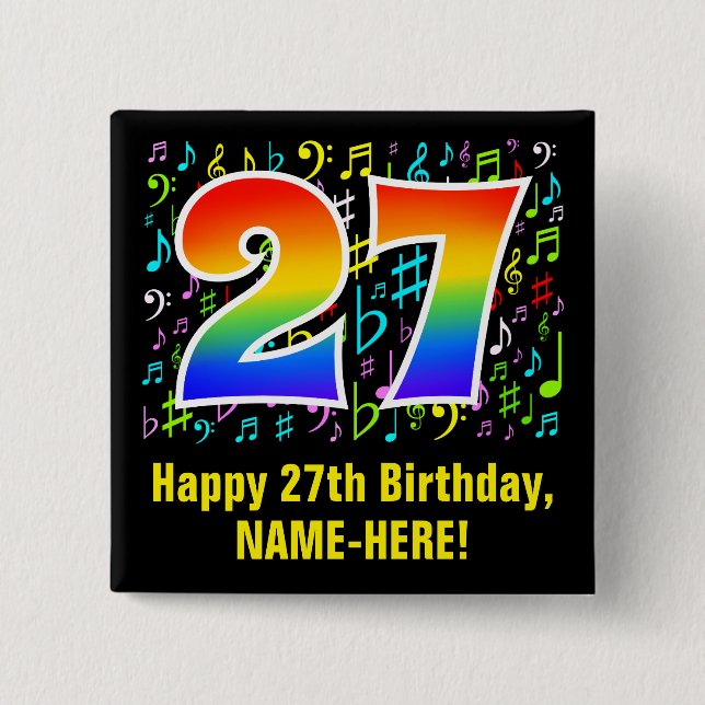 27. Geburtstag: Farbige Musiksymbole, Regenbogen 2 Button (Vorderseite)