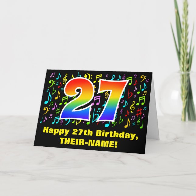 27. Geburtstag: Farbige Musiksymbole & Regenbogen  Karte (Vorderseite)