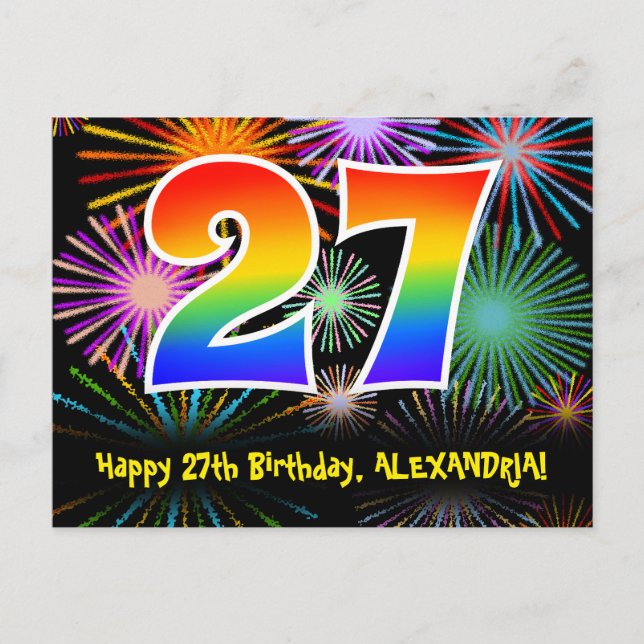 27. Geburtstag - Fun Fireworks Pattern + Regenboge Postkarte (Vorderseite)