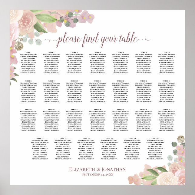 27 Tabelle Elegant Rosen Hochzeitsdiagramm Rosen Poster (Vorne)