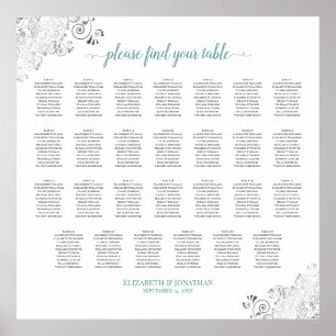 27 Tabelle Frily Wedding Seating Chart Weiß & Aqua Poster