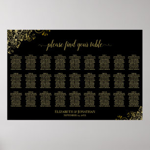 27 Table Wedding Seating Chart Black & Gold Frills Poster