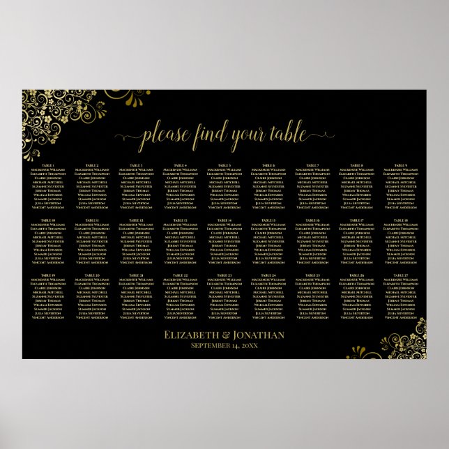 27 Table Wedding Seating Chart Black & Gold Frills Poster (Vorne)