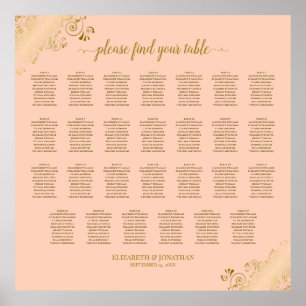 27 Table Wedding Seating Chart Coral Peach & Gold Poster