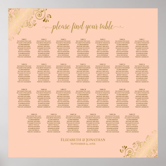 27 Table Wedding Seating Chart Coral Peach & Gold Poster (Vorne)