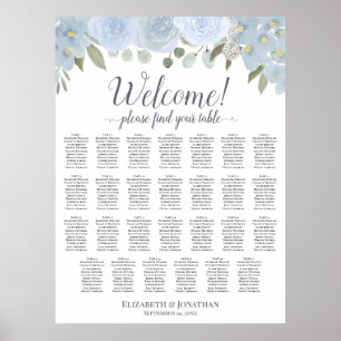 27 Tisch Staubblauer Rosen Hochzeits-Sitzplan Poster