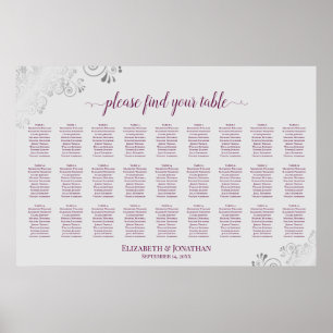 27 Tische Hochzeits-Sitzordnung Magenta Pflaume &  Poster