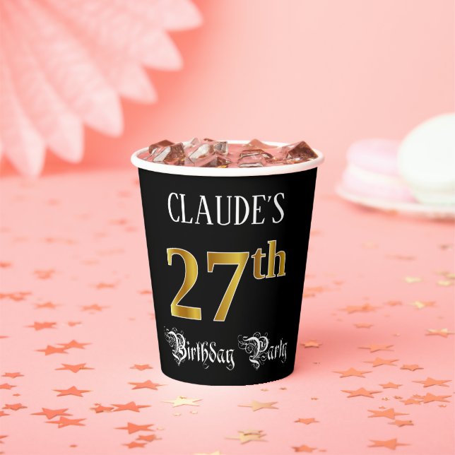 27th Birthday Party — Fancy Script, Faux Gold Look Pappbecher (Insitu)