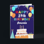 27th Happy Birthday Balloons Cake Navy Blue Karte<br><div class="desc">27th Happy Birthday Colorful Balloons Cake Navy Blue with personalized name. For further customization, please click the "Customize it" button and use our design tool to modify this template.</div>