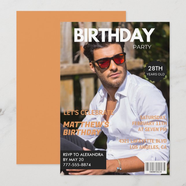 28. Geburtstag Einladungen für ihn Magazine Cover (Vorne/Hinten)