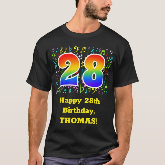 28. Geburtstag: Farbige Musiksymbole, Regenbogen 2 T-Shirt (Vorderseite)