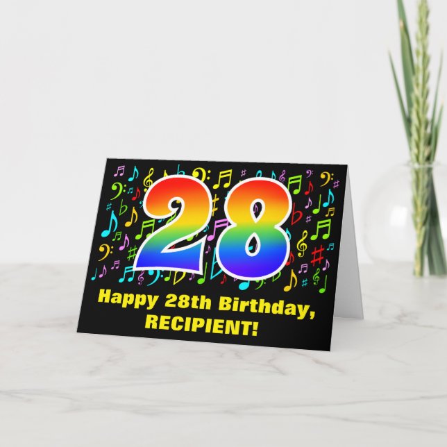 28. Geburtstag: Farbige Musiksymbole & Regenbogen  Karte (Vorderseite)
