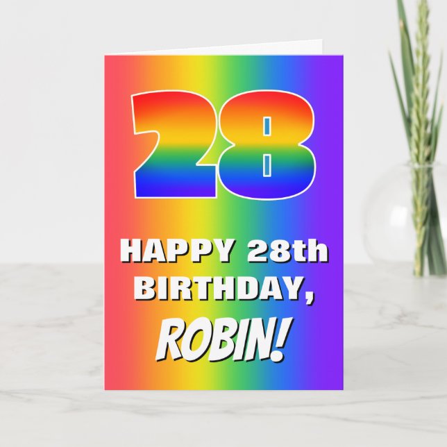 28. Geburtstag: Farbiges, lustiges Regenbogenmuste Karte (Vorderseite)