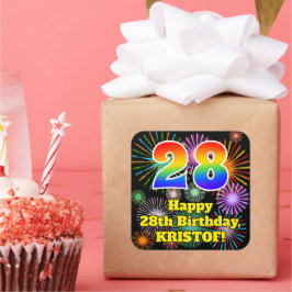 28. Geburtstag: Fun Fireworks Look, Rainbow # 28 Quadratischer Aufkleber