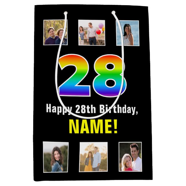 28. Geburtstag: Regenbogen "28", benutzerdefiniert Mittlere Geschenktüte (Vorderseite)