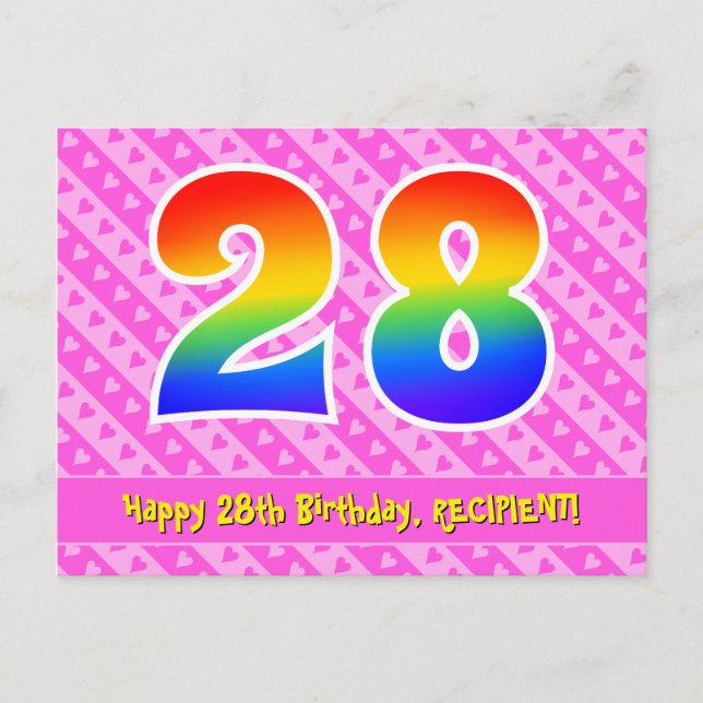 28. Geburtstag: Rosa Streifen & Herz, Regenbogen 2 Postkarte (Vorderseite)