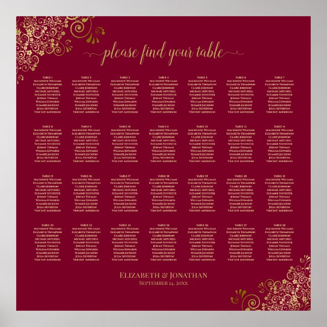 28 Table Burgundy with Gold Frills Seating Chart  Poster (Vorne)