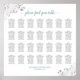 28 Table Frilly Wedding Seating Chart White Teal Poster
