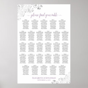 28 Table Lacy Wedding Seating Chart White Lavender Poster