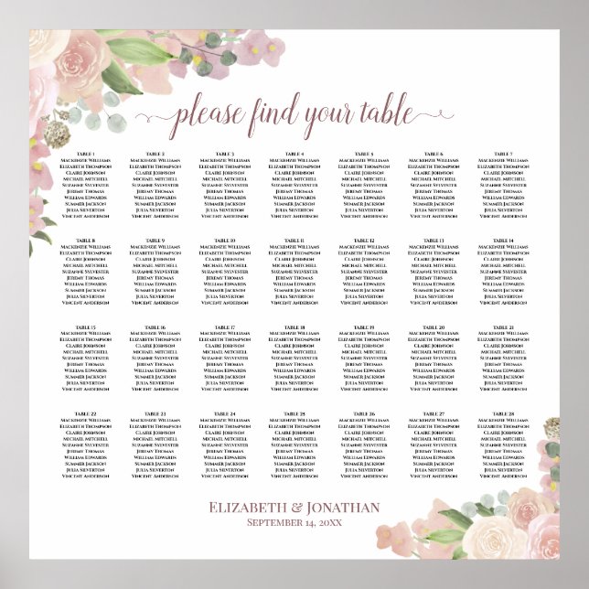 28 Table Rustic Pink Floral Wedding Seating Chart Poster (Vorne)