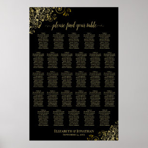 28 Table Wedding Seating Chart Black & Gold Frills Poster