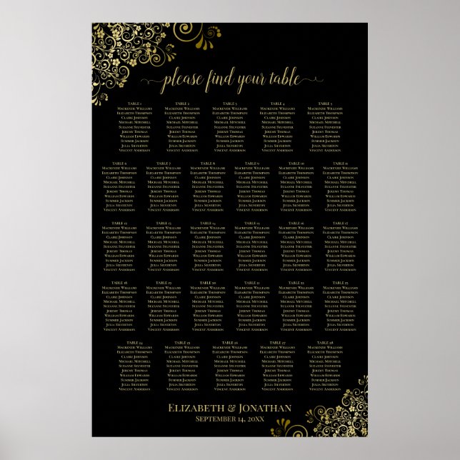 28 Table Wedding Seating Chart Black & Gold Frills Poster (Vorne)