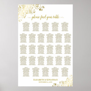28 Table Wedding Seating Chart White & Gold Frills Poster