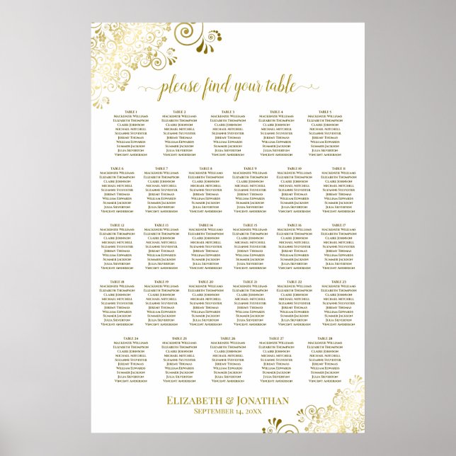 28 Table Wedding Seating Chart White & Gold Frills Poster (Vorne)