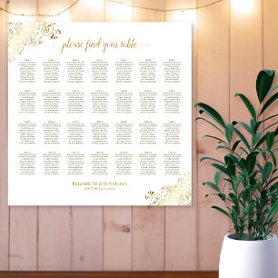 28 Table Wedding Seating Chart White & Gold Frills Poster