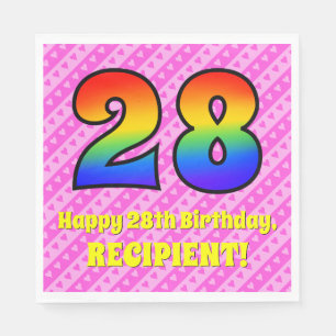 28th Birthday: Pink Stripes & Hearts, Rainbow # 28 Serviette