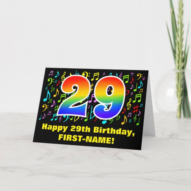 29. Geburtstag: Farbige Musiksymbole & Regenbogen  Karte (Vorderseite)