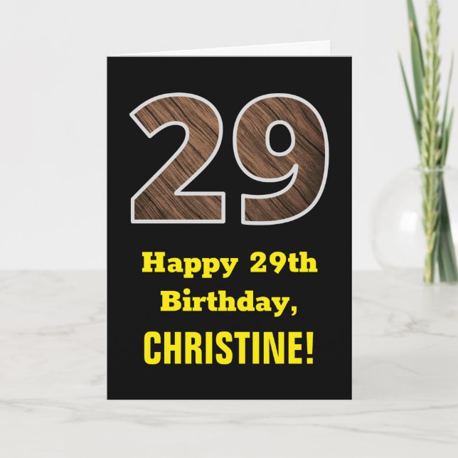 29. Geburtstag: Name, Imitate Holzkörnchen Muster  Karte (Vorderseite)