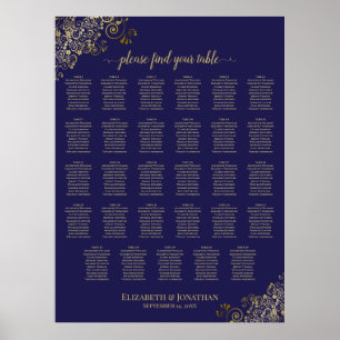 29 Table Wedding Seating Chart Navy Blue & Gold Poster
